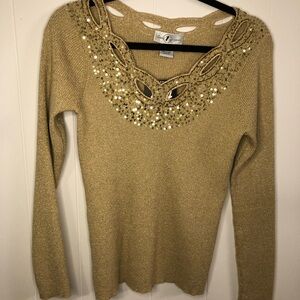Once Again NWT Metallic Gold Embellished V-Neck Sweater Large